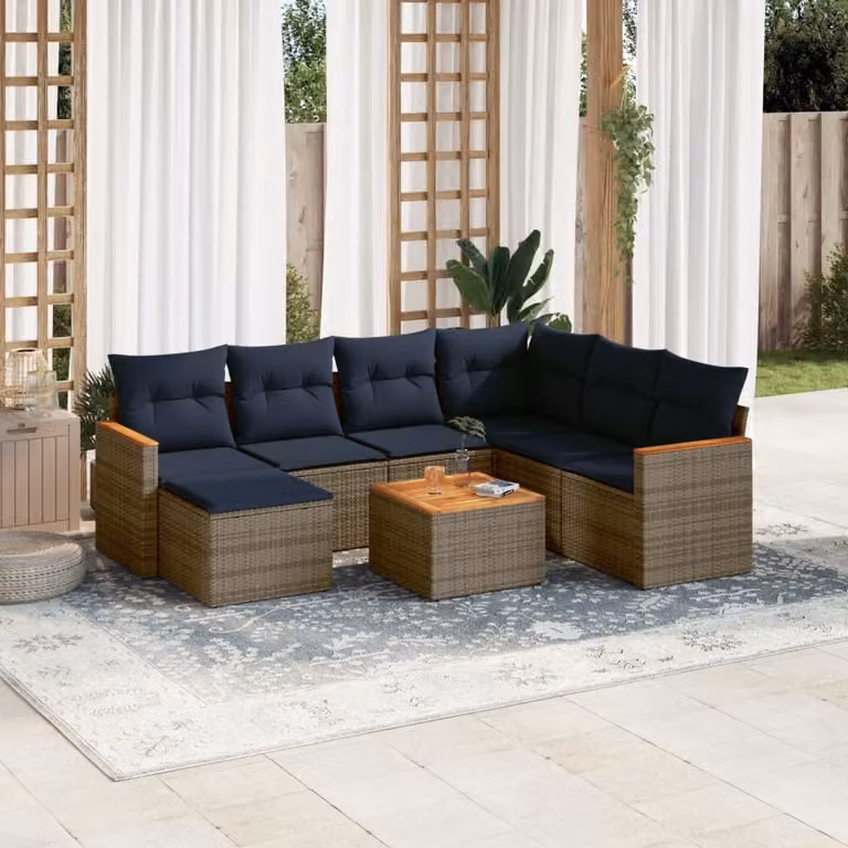 Set di divani da giardino vidaXL 8 pz con cuscini in polyrattan e struttura in metallo, colore grigio e blu, design moderno a forma di L con tavolino e pouf
