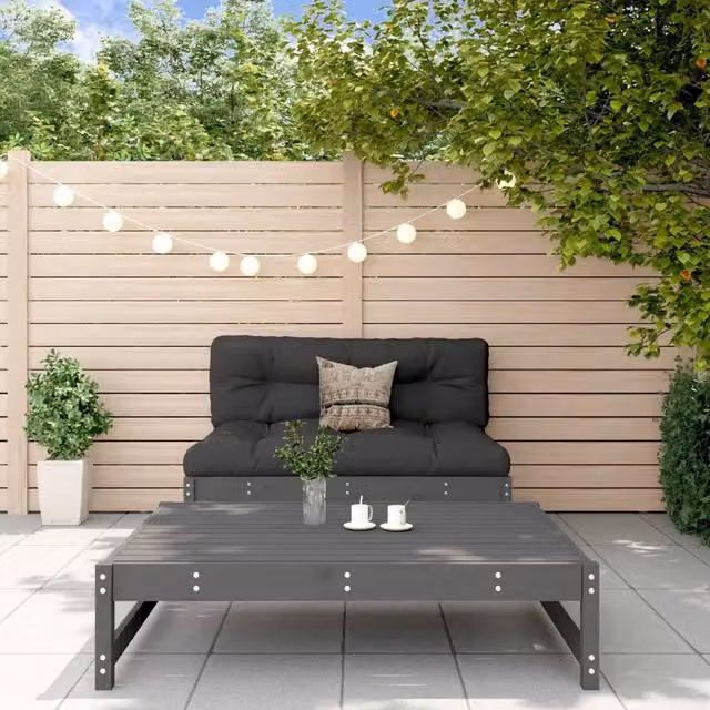 Set Salotto da Giardino in Legno di Pino con Divano a 2 Posti e Pouf Grigio