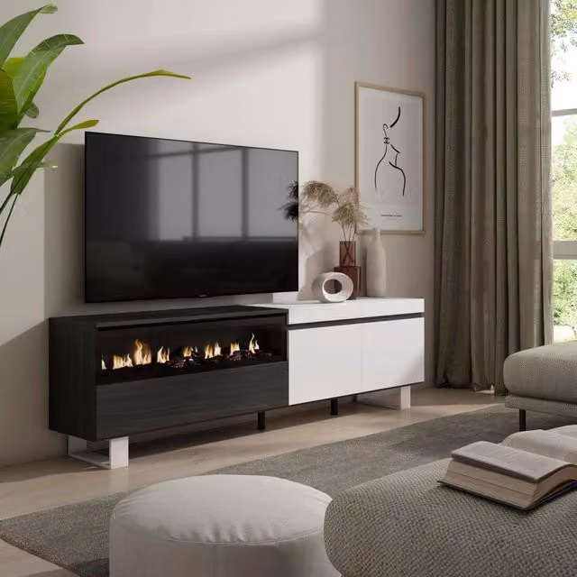 Mobile TV, 200x35x57cm, soggiorno, Per TV fino a 80", Camino elettrico, Design industriale, Bianco e nero RF2164