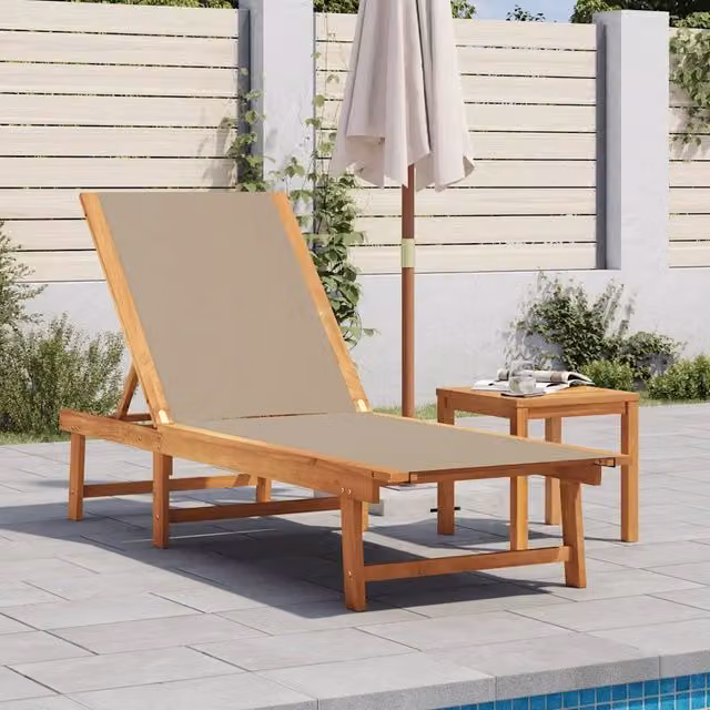 Lettino prendisole vidaXL in legno di acacia oliato e textilene beige con poggiatesta regolabile L: 198 cm, P: 66 cm, H: 110 cm – 1