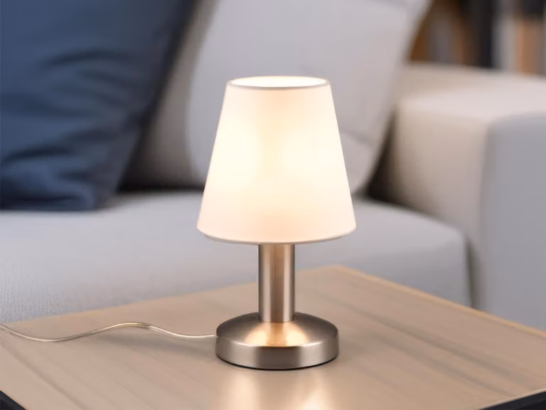 Lampada da tavolo a LED argento con paralume in tessuto bianco per davanzale finestra - dimmerabile con comando touch
