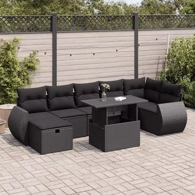 Set Divani da Giardino con Cuscini 8 pz Nero in Polyrattan 3327905