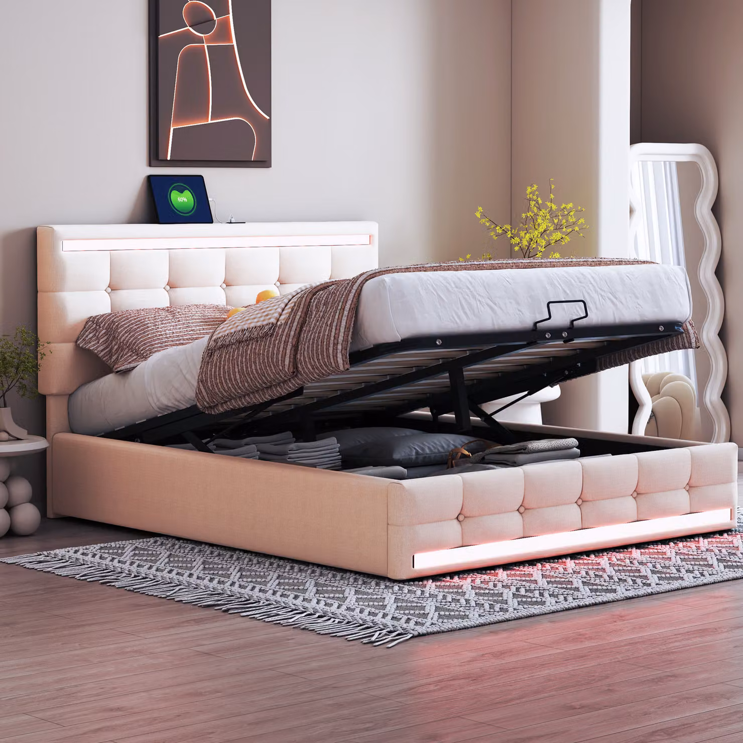 Letto imbottito Merax 140x200cm con 2 USB e LED, letto a molle idrauliche con contenitore e rete a doghe, letto matrimoniale con testata regolabile in altezza e rivestimento in lino, beige