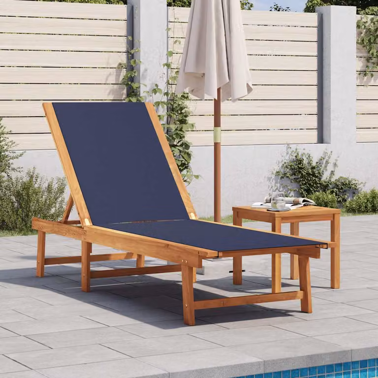 vidaXL Lettino Prendisole in Legno di Acacia e Textilene Blu, L: 110 cm, P: 98 cm, H: 66 cm