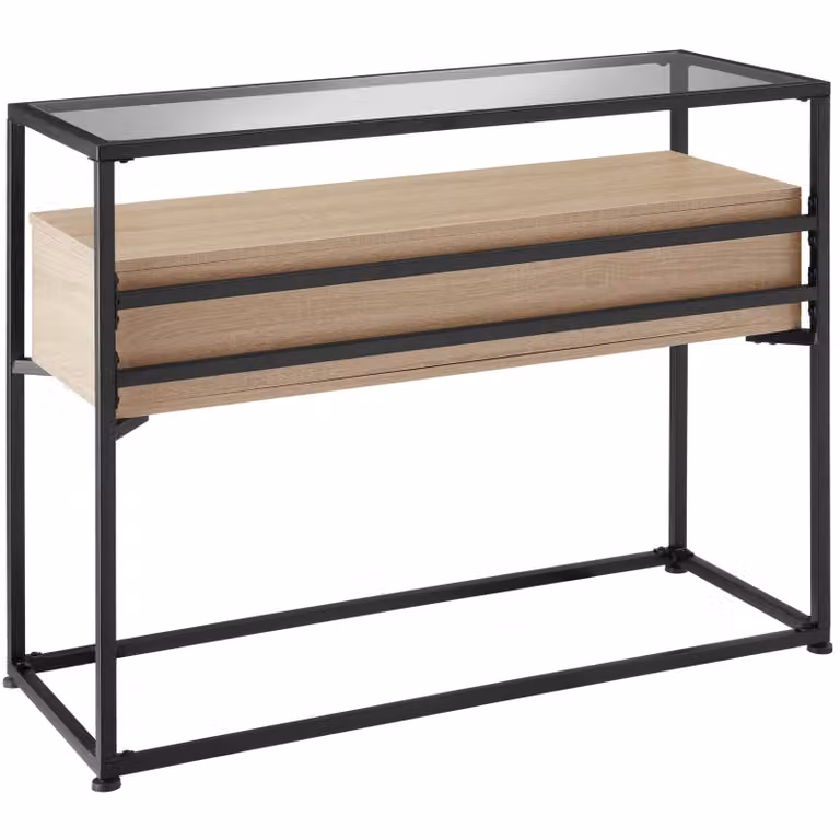 Tavolo console Reading tectake in stile industriale con piano in vetro e finitura rovere, L: 101,5 cm, P: 41,5 cm, H: 80,5 cm