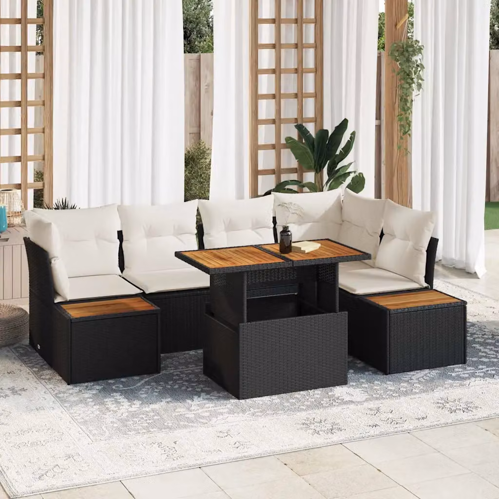 Set Divano da Giardino a L vidaXL in Rattan Nero con Cuscini e Struttura in Metallo – 1