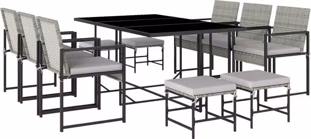 Set Pranzo da Patio Outsunny in Polyrattan Grigio con 6 Poltrone e 4 Pouf per 11 Persone