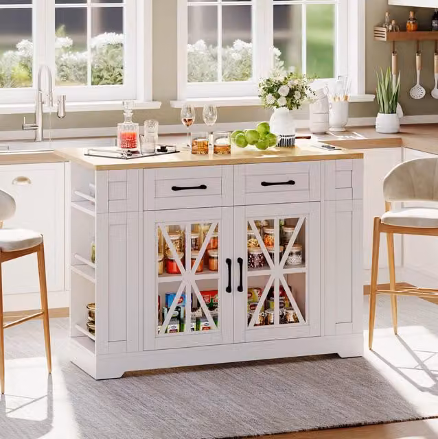Isola da cucina moderna su ruote in MDF con tavolo pieghevole, ante in vetro e prese AC e USB, bianco e naturale, L: 120 cm, H: 92 cm, P: 65 cm