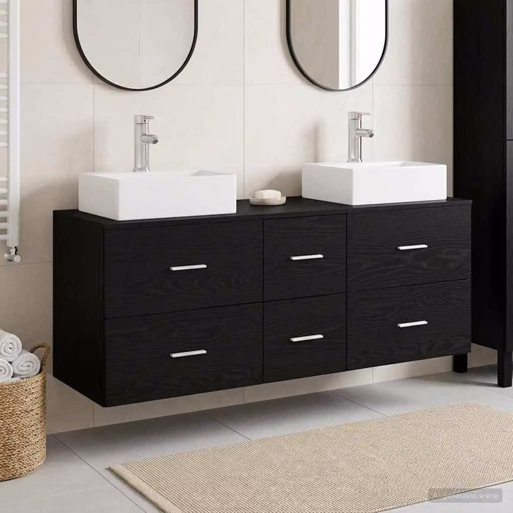 Set di 3 mobili da bagno moderni vidaXL in legno e metallo nero opaco, L/P/H: 129 x 41 x 79,5 cm
