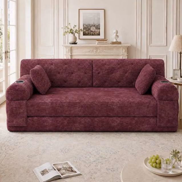 Divano letto ULEVR 168x80x81 cm in velluto a coste rosso vino, schienale alto, 4 tasche e 2 portabevande