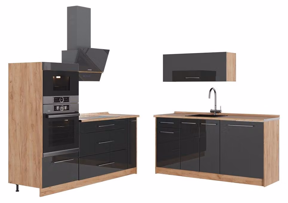 Cucina Vicco Fame-Line Antracite lucido/Rovere dorato 340 cm senza piano di lavoro, Model 63696
