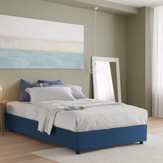 Letto matrimoniale contenitore Arto di Talamo Italia con rivestimento in tessuto e materasso incluso, Blu, L/P: 140 x 190 cm