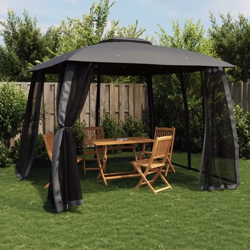 Gazebo con Pergolato a Tetto a Capanna e Pareti in Rete Antracite e Nero, Struttura in Acciaio e Copertura in Poliestere, L/P: 293 x 293 cm, H: 280 cm – 2