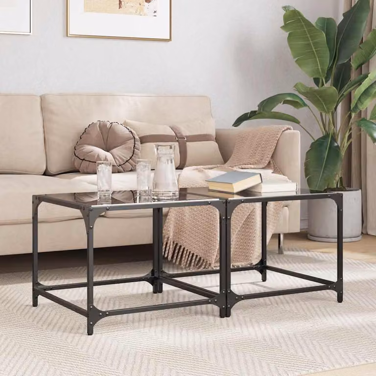Set di 2 tavolini da salotto moderni vidaXL con piano in vetro nero e struttura in metallo, L/P/H: 50 x 50 x 40 cm