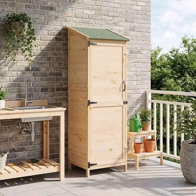 Rimessa Giardino Legno Naturale 59.5x56x176.5cm Tetto Asfalto Ventilato per Attrezzi Esterni