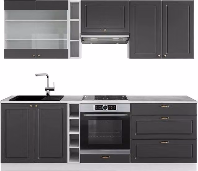 Cucina componibile moderna Fame-Line Vicco colore antracite, oro e bianco con piano in marmo, L: 235 cm