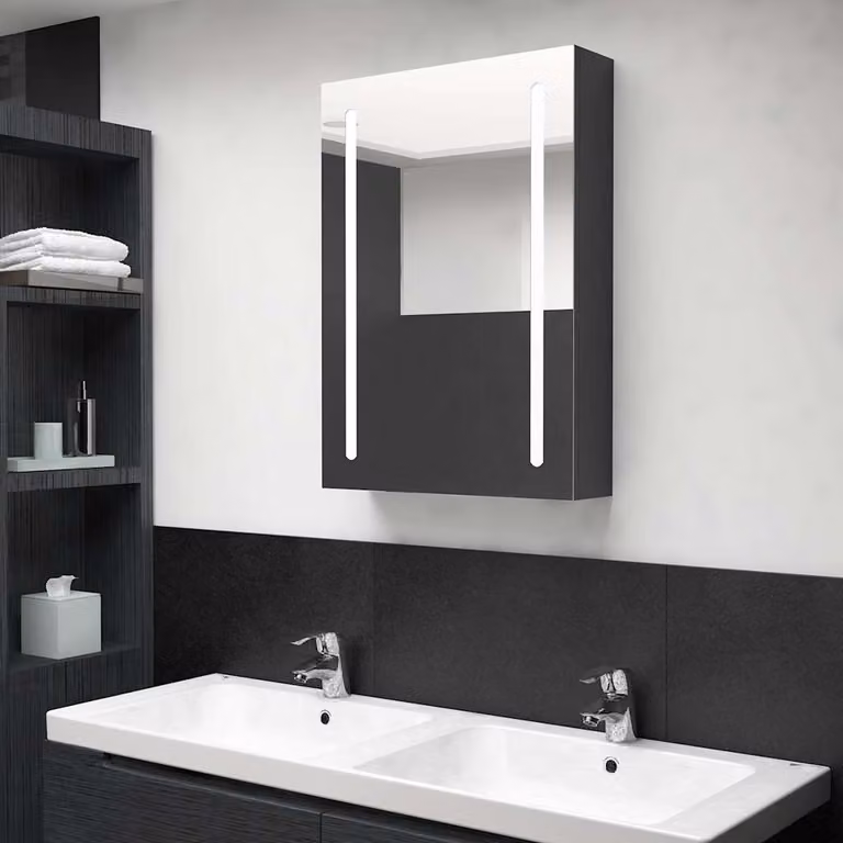 Armadietto da bagno con specchio e illuminazione LED vidaXL Nero Lucido L: 50 cm, P: 13 cm, H: 70 cm