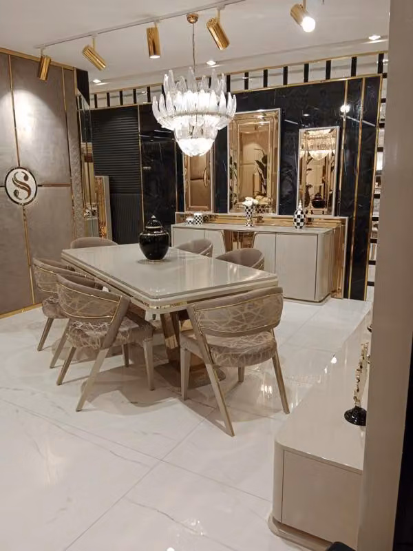 Exklusives Design Luxuriöser Esstisch + 6x Stühle + Anrichte mit Spiegel