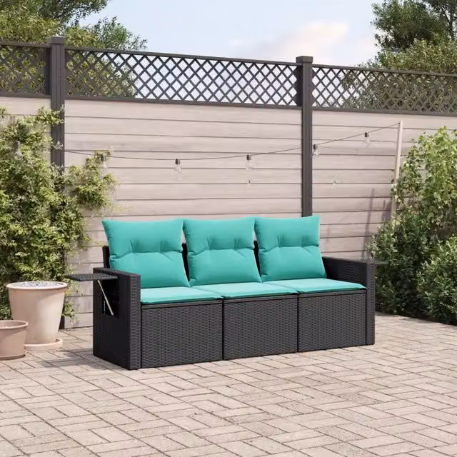 Set Divani da Giardino 3 pz con Cuscini Nero in Polyrattan 3219856