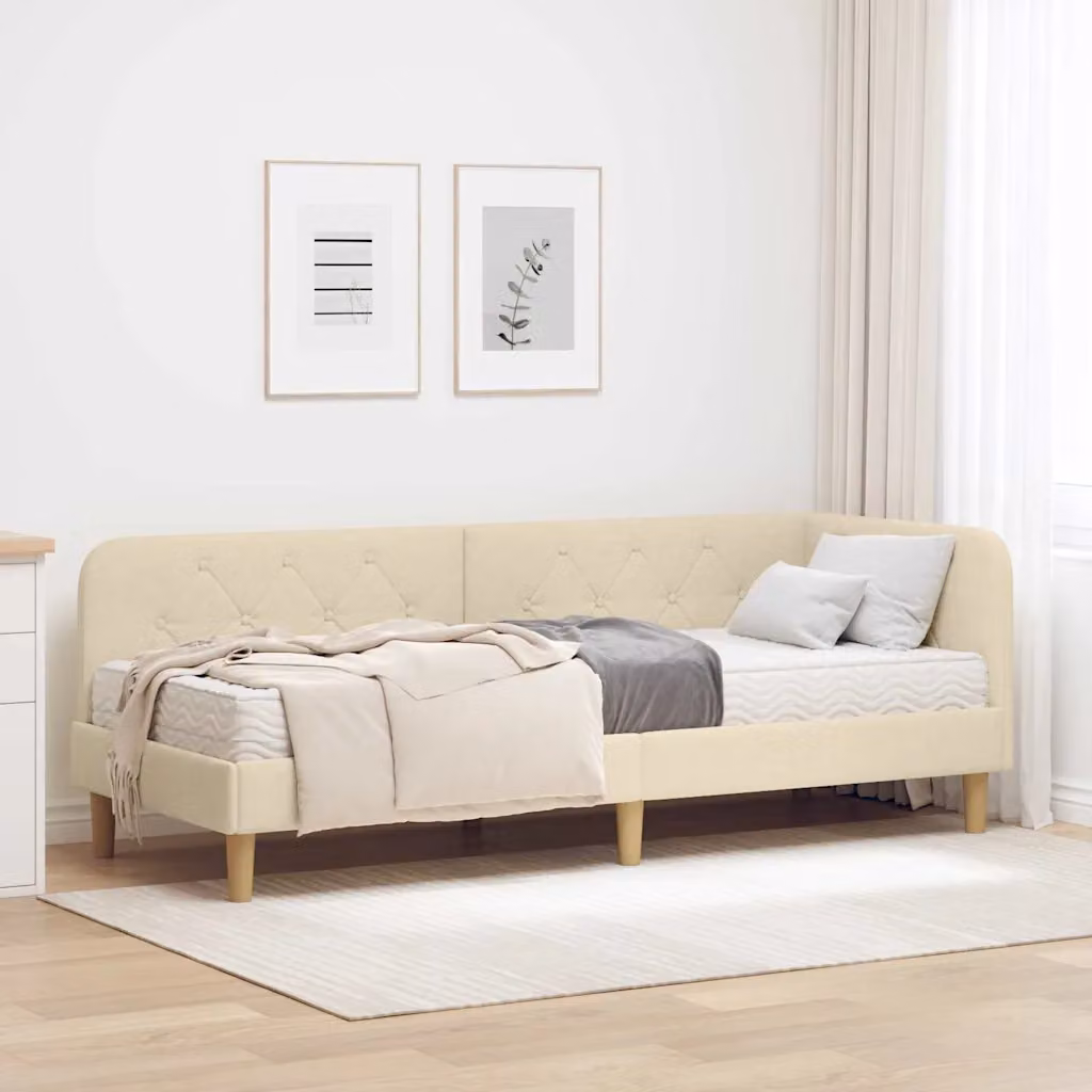 vidaXL Cornice del letto ad angolo asimmetrica beige in tessuto e legno L: 204 cm, P: 140 cm, H: 84 cm