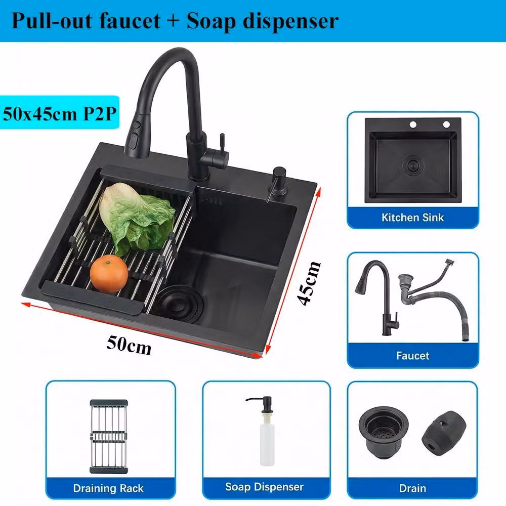 Lavello da cucina - Lavello da appoggio a vasca singola - Dimensioni 50x45 cm - Acciaio inossidabile 304 - Profondità 20 cm, 3 fori - Con rubinetteria, dispenser per sapone e rubinetto con filtro - Nero spazzolato