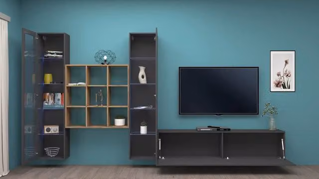 Parete attrezzata antracite TV soggiorno 2 vetrine libreria legno grigia Onir RT