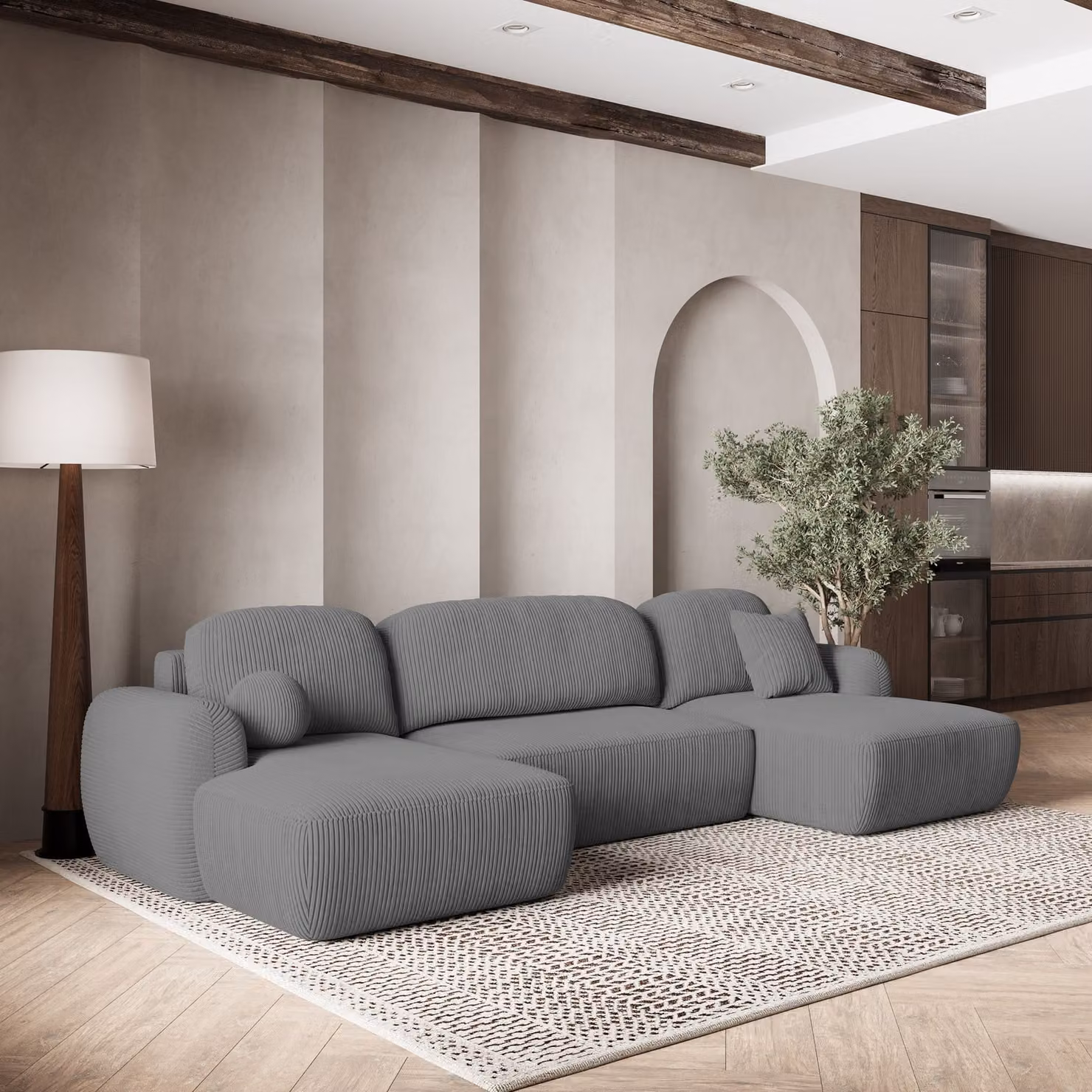 Divano angolare SAVONA P di Masseno con funzione letto a U, divano con box letto, divano da salotto, divano, divano, divano letto, set di divani - grigio, POSO 60