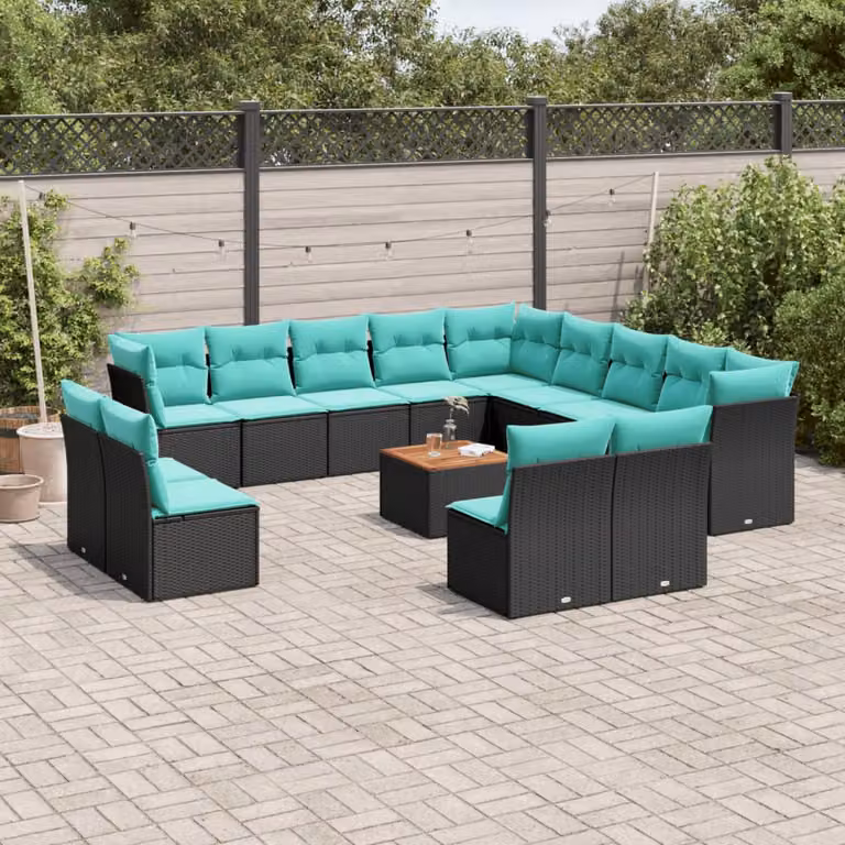 Set di divani da giardino vidaXL a forma di U in polyrattan nero con cuscini blu e tavolo da caffè per esterno