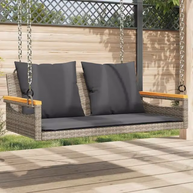 Panchina Dondolo vidaXL in Polyrattan Grigia con Cuscini in Tessuto Resistente ai Raggi UV L: 109 cm, P: 62 cm, H: 40 cm