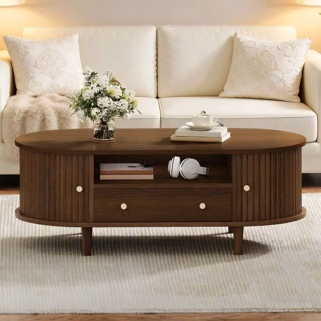 Tavolino da Salotto 100x50x36 cm Color Noce, con 1 Cassetto, Vano Aperto e Porta a Rullo, 4 Gambe di Sostegno