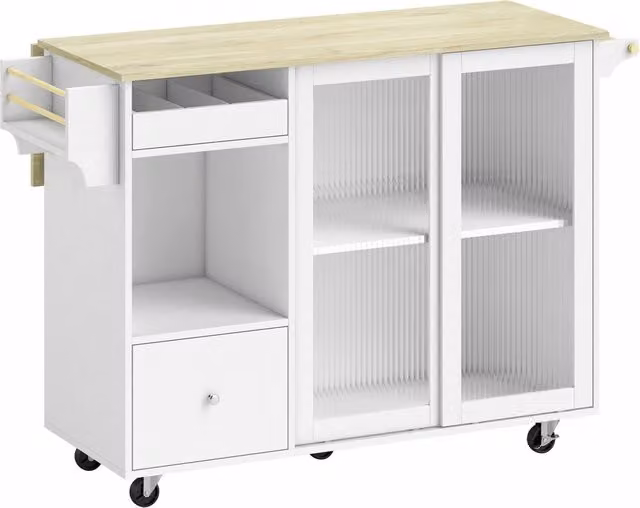 Isola da cucina con piano ribaltabile, portabottiglie estraibile e ruote, piano estensibile 113x72,2 cm, finitura bianco e rovere