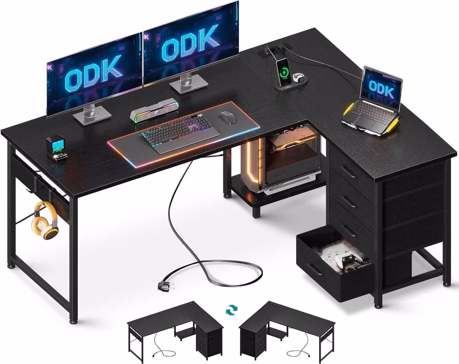 ODK Scrivania angolare a L con cassetti, prese e USB, nero 135x100cm