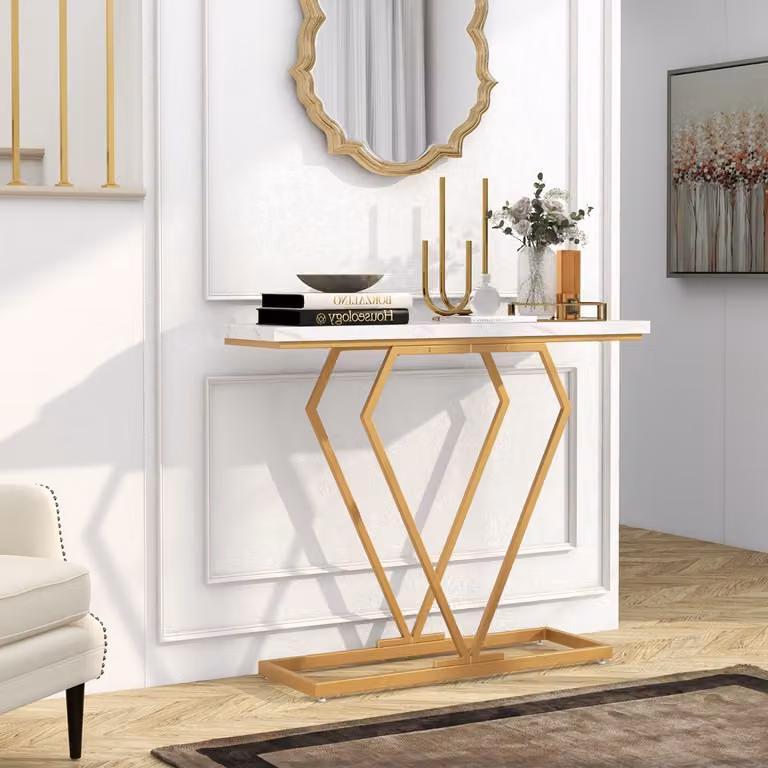 Consolle Costway in finto marmo bianco e oro con telaio geometrico a diamante, tavolo stretto da ingresso moderno L: 100 cm