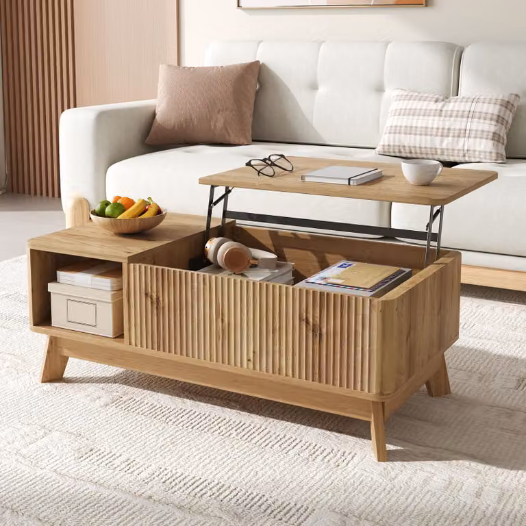 Tavolino Merax con funzione di sollevamento e design ondulato, tavolino da salotto in MDF con vano portaoggetti e ripiano aperto, tavolino da salotto con funzione di sollevamento, colore naturale