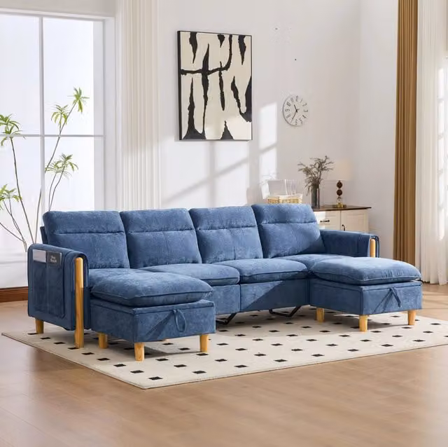 Divano modulare a U 4 posti con 2 pouf contenitore; chenille blu; 261x77x86 cm