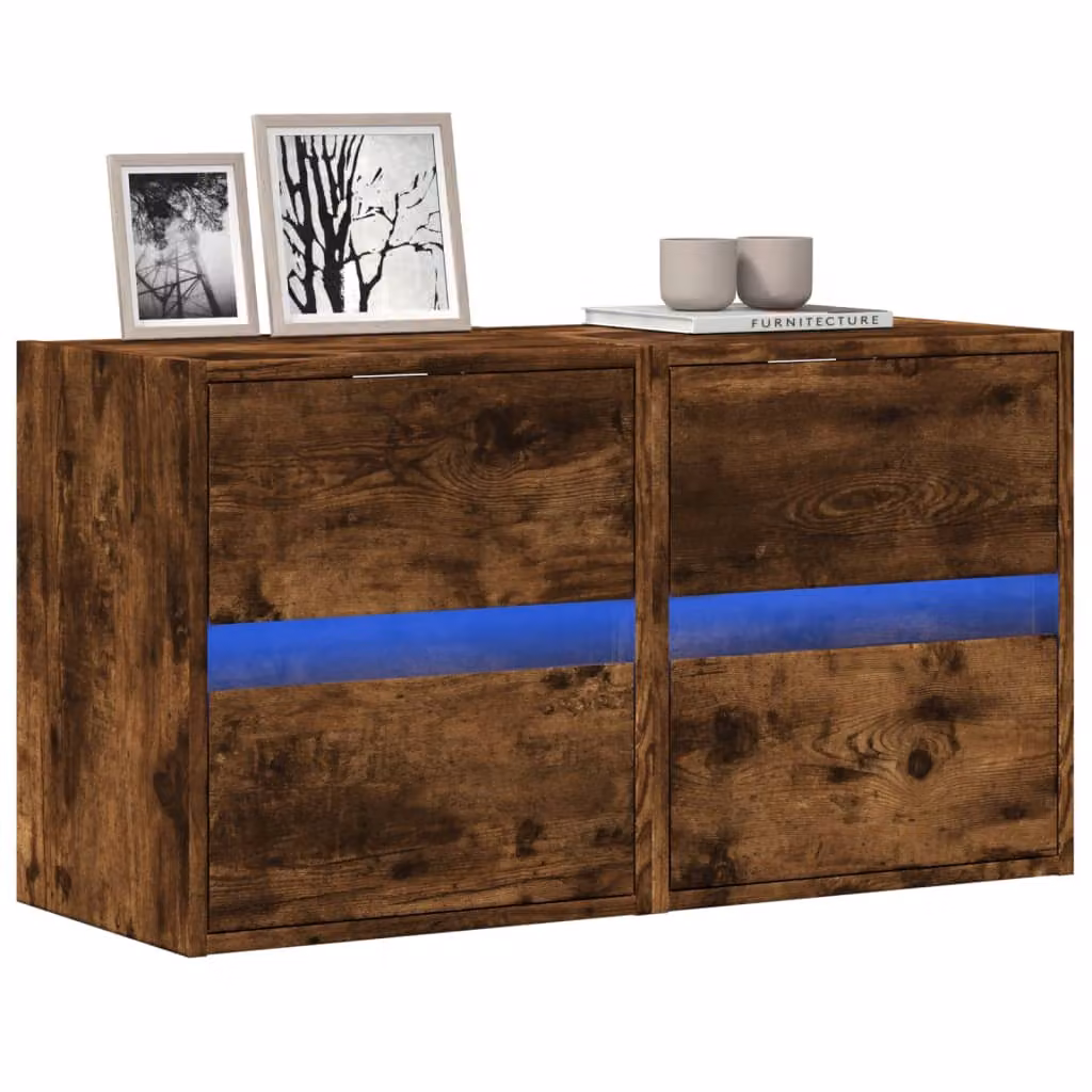 Set di 2 Mobili TV da Parete vidaXL con Luci LED Integrate, Rovere Fumo, L 41 cm x P 31 cm x H 45 cm