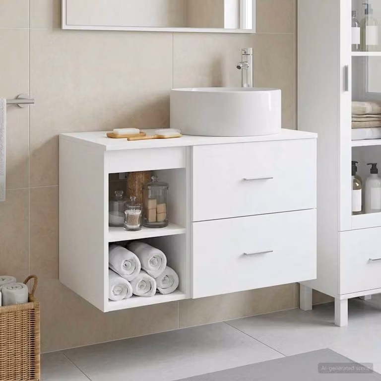 Set di mobili per il bagno moderno vidaXL composto da mobile lavabo e pensile a muro in MDF bianco opaco L/P/H: 80,0 x 44,5 x 49,5 cm e 44,5 x 34,5 x 76,7 cm