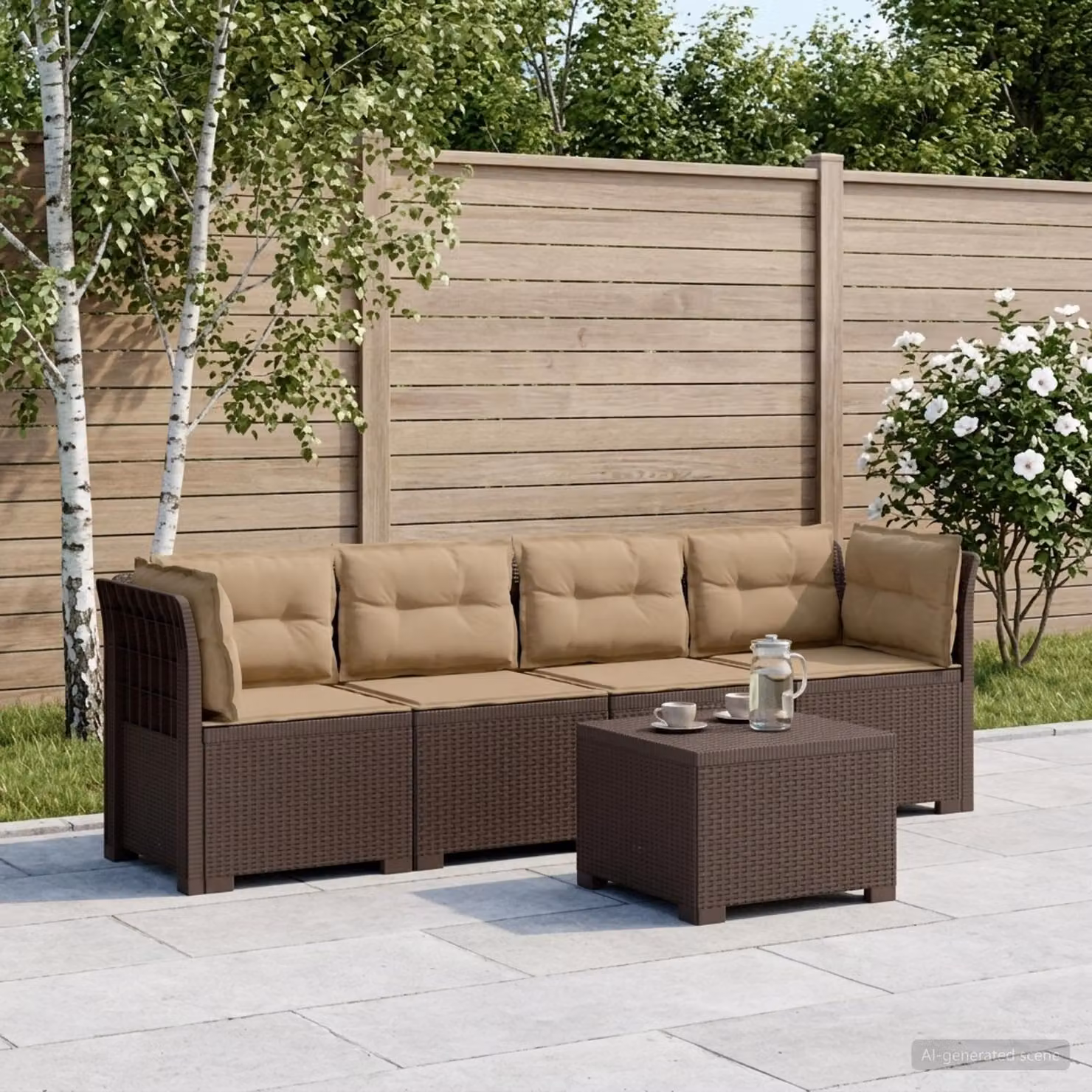 Set da giardino moderno vidaXL composto da divano da esterno a 3 posti, elemento angolare e tavolino da caffè in stile rattan marrone con cuscini inclusi e rivestimenti rimovibili