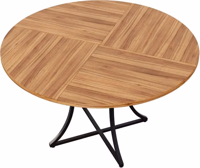 Tavolo da pranzo rotondo 100 cm con piano in MDF effetto noce e struttura in metallo nero a X con ripiano integrato
