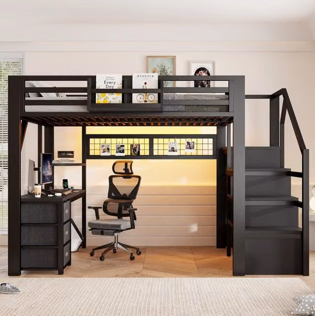 Letto a soppalco 140x200 cm nero con scrivania, armadio, cassetti e LED