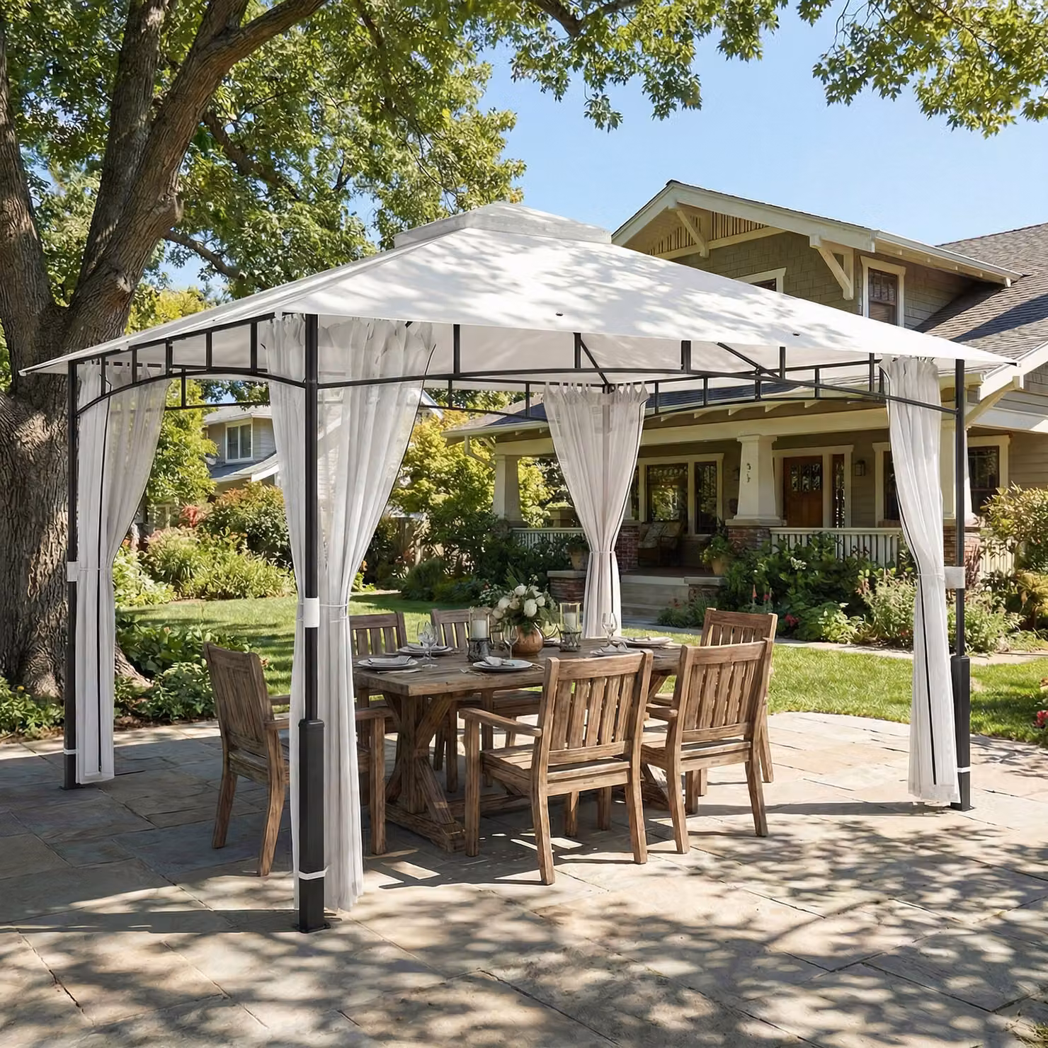 Gazebo da giardino Outsunny con zanzariera e doppio tetto idrorepellente, nero, L: 360 cm x P: 300 cm – 2