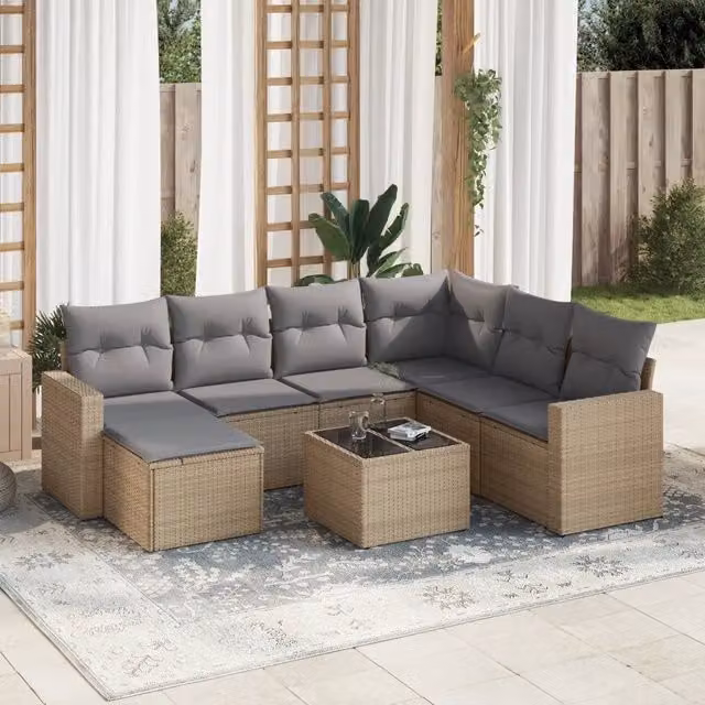 vidaXL Set Divano da Giardino 8 pz in Polyrattan con Cuscini Beige e Grigio per Terrazza e Giardino – 1