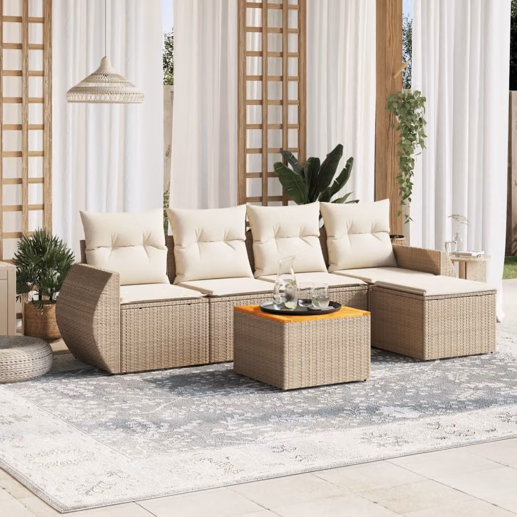 Set Divano da Giardino vidaXL 6 pz in Polyrattan Beige con Cuscini e Tavolino – 1