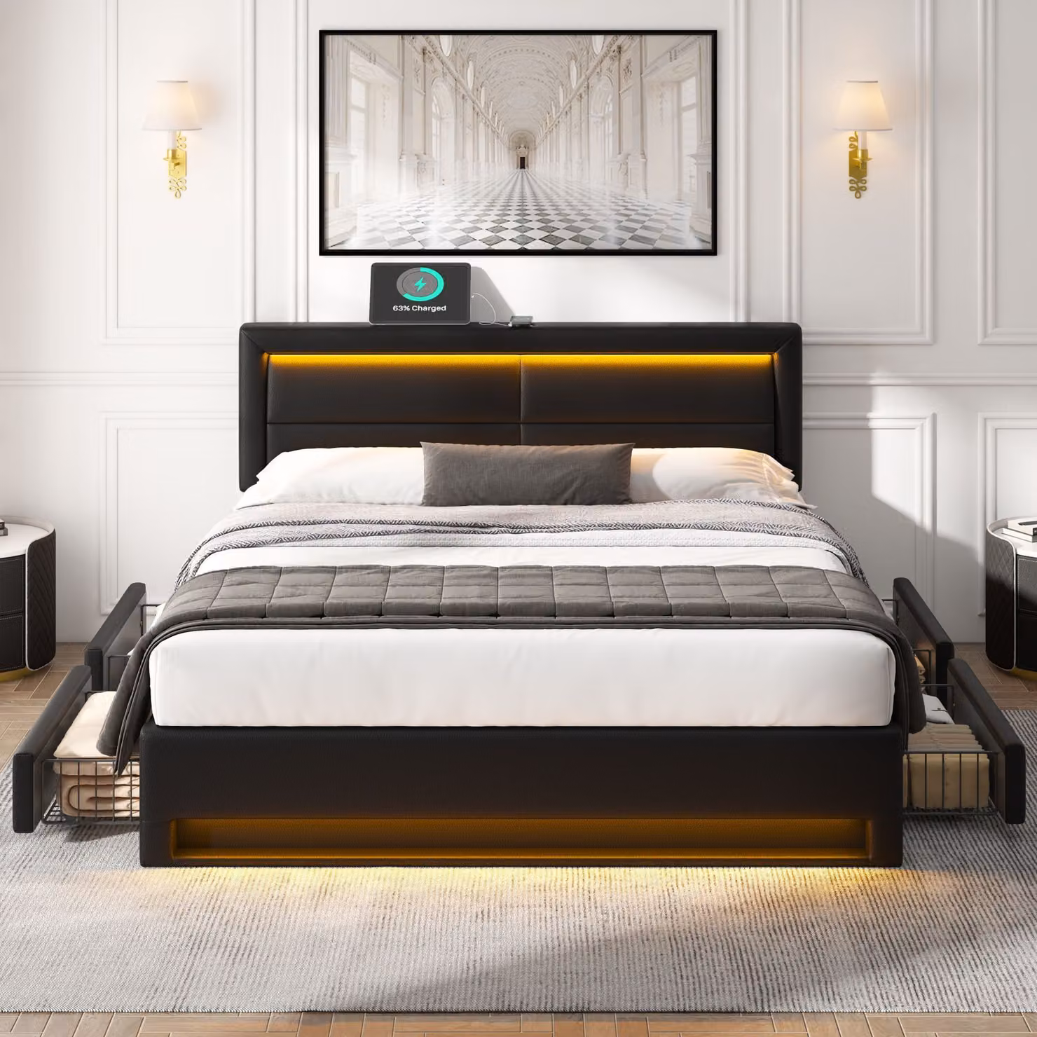 Letto imbottito Flieks 140x200cm con USB, letto contenitore letto matrimoniale con rete a doghe e 4 cassetti, letto per ragazzi con LED, letto in legno letto funzionale, PU, nero