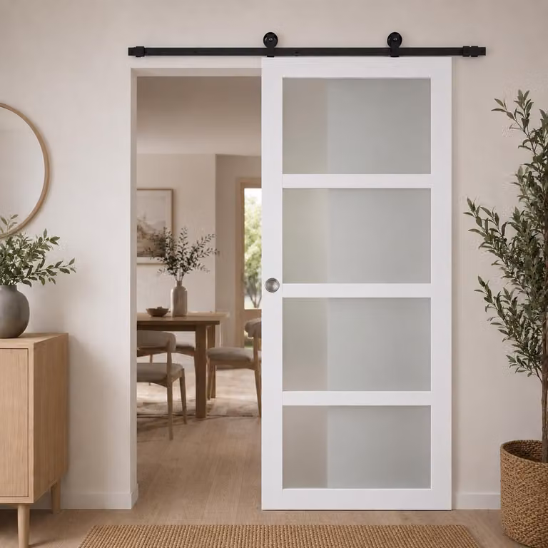 Porta scorrevole Tana bianca con vetro H204 x L93 cm, binario con rotelle, gusci grandi per GD MENUISERIES