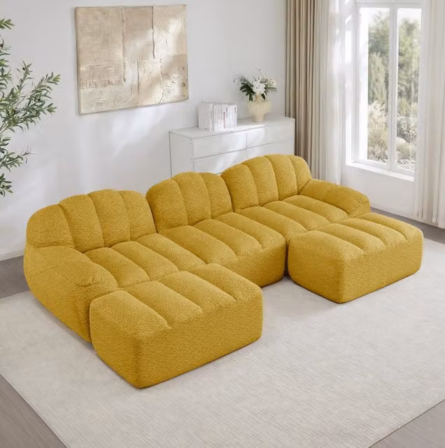 Divano modulare a U senza struttura con 2 ottomani; 288x165x79 cm; fleece giallo