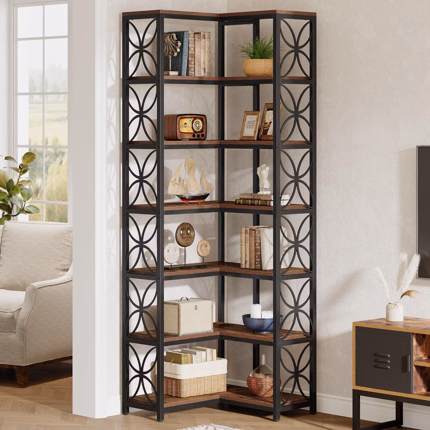 Libreria Tribesigns, libreria angolare in legno alta 7 livelli con struttura in metallo, libreria angolare autoportante soggiorno, cucina, rustico marrone nero