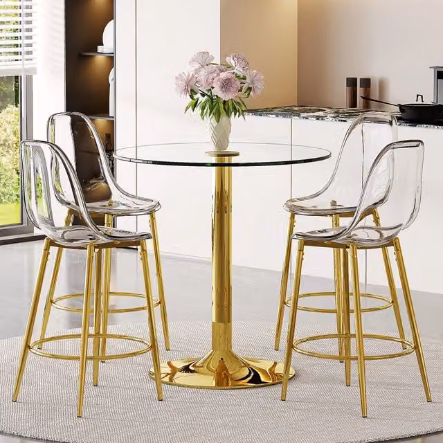 Set tavolo e sedie da bar con tavolo rotondo e 4 sgabelli, struttura in vetro, metallo e plastica oro trasparente