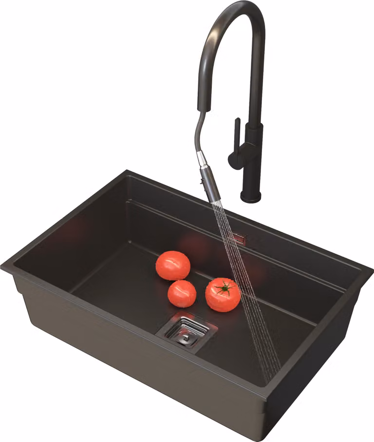 Granitan - Lavello da incasso - Lavello in granito - Nero - con rubinetteria, sifone e accessori - Lavello da cucina - EPIR