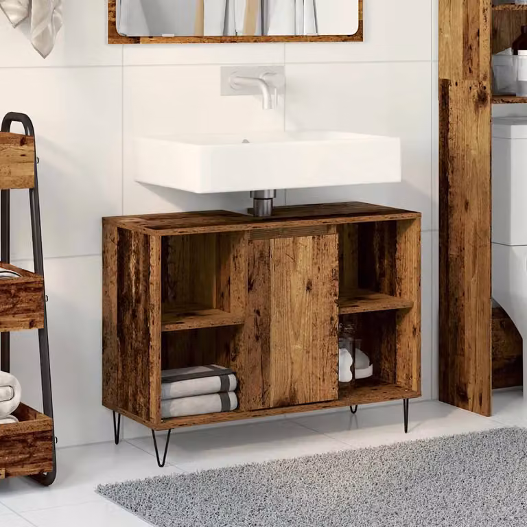 Mobile da bagno vidaXL in legno effetto vecchio marrone con ante a battente e ripiani interni L: 80 cm, P: 33 cm, H: 60 cm